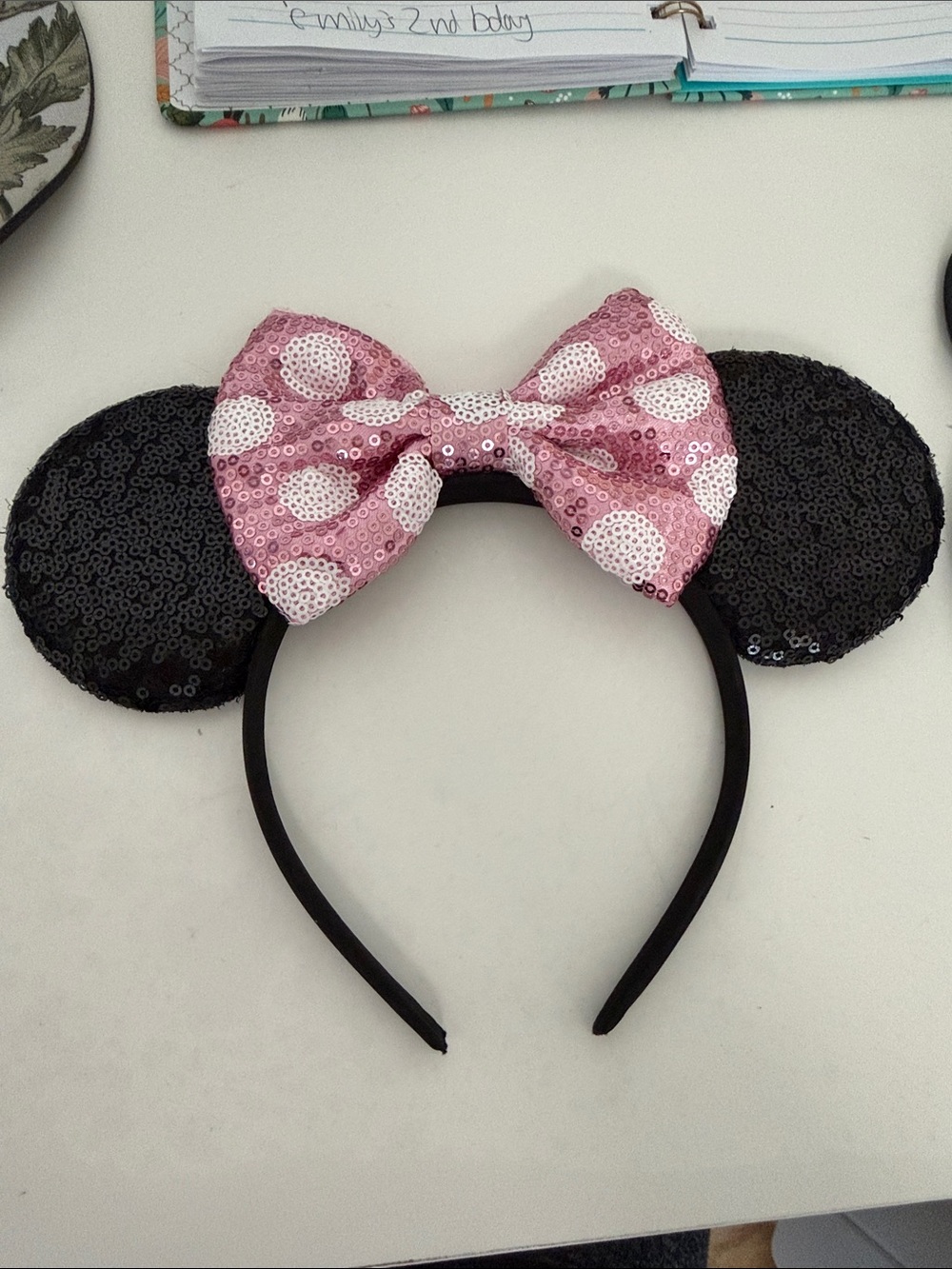 Sequin Minnie Ear Headband with Pink Polka Dot Bow
